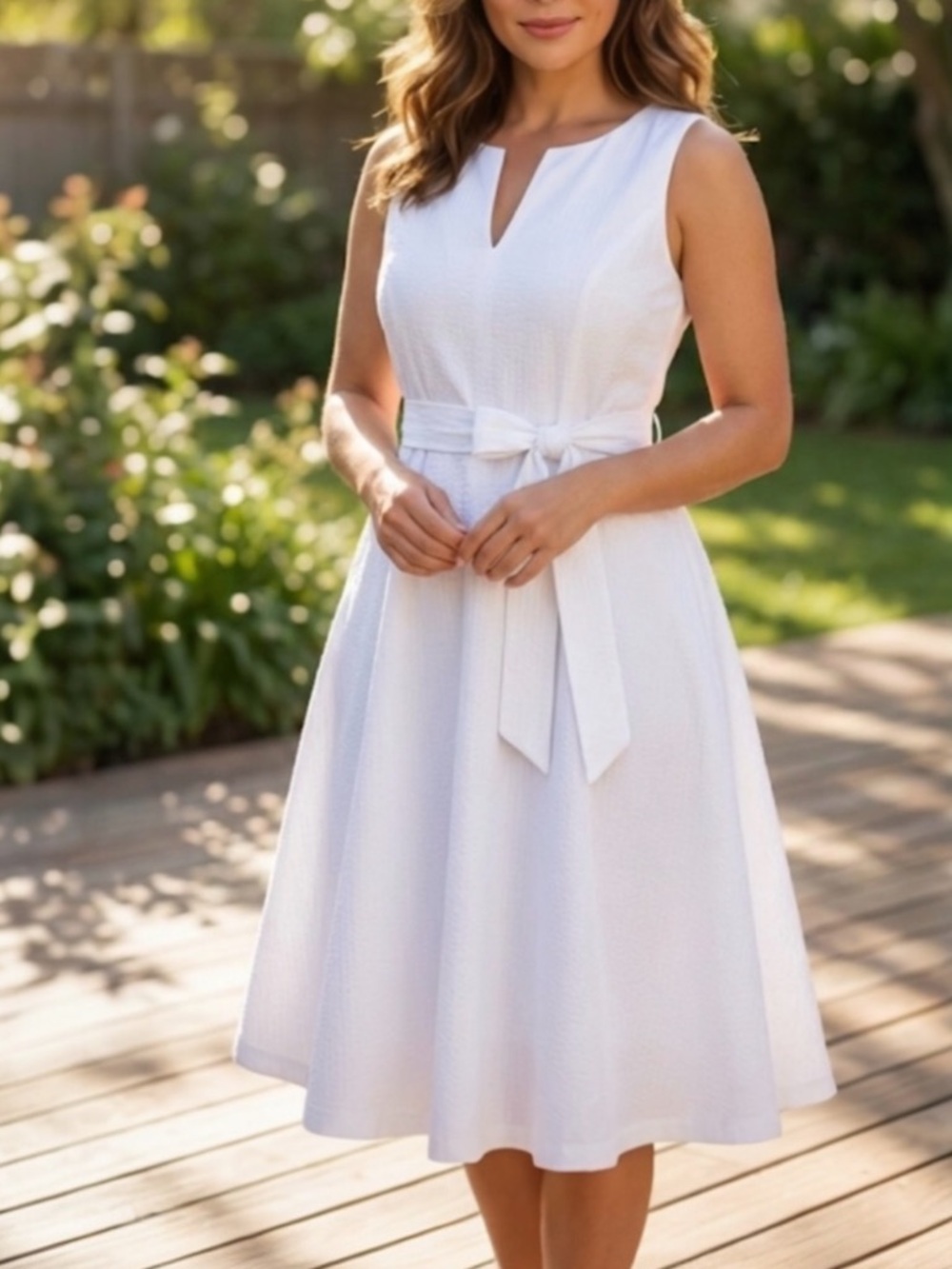 PAPPAGALLO White Seersucker Midi Dress 16 A-Line Sleeveless Tie Waist Wedding